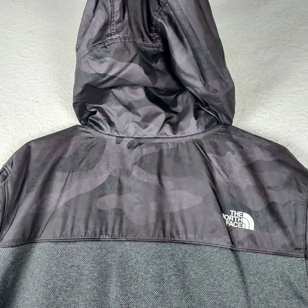 The North Face Mens Large Full Zip Hooded Fleece Jacket Gray Black Camo Logo